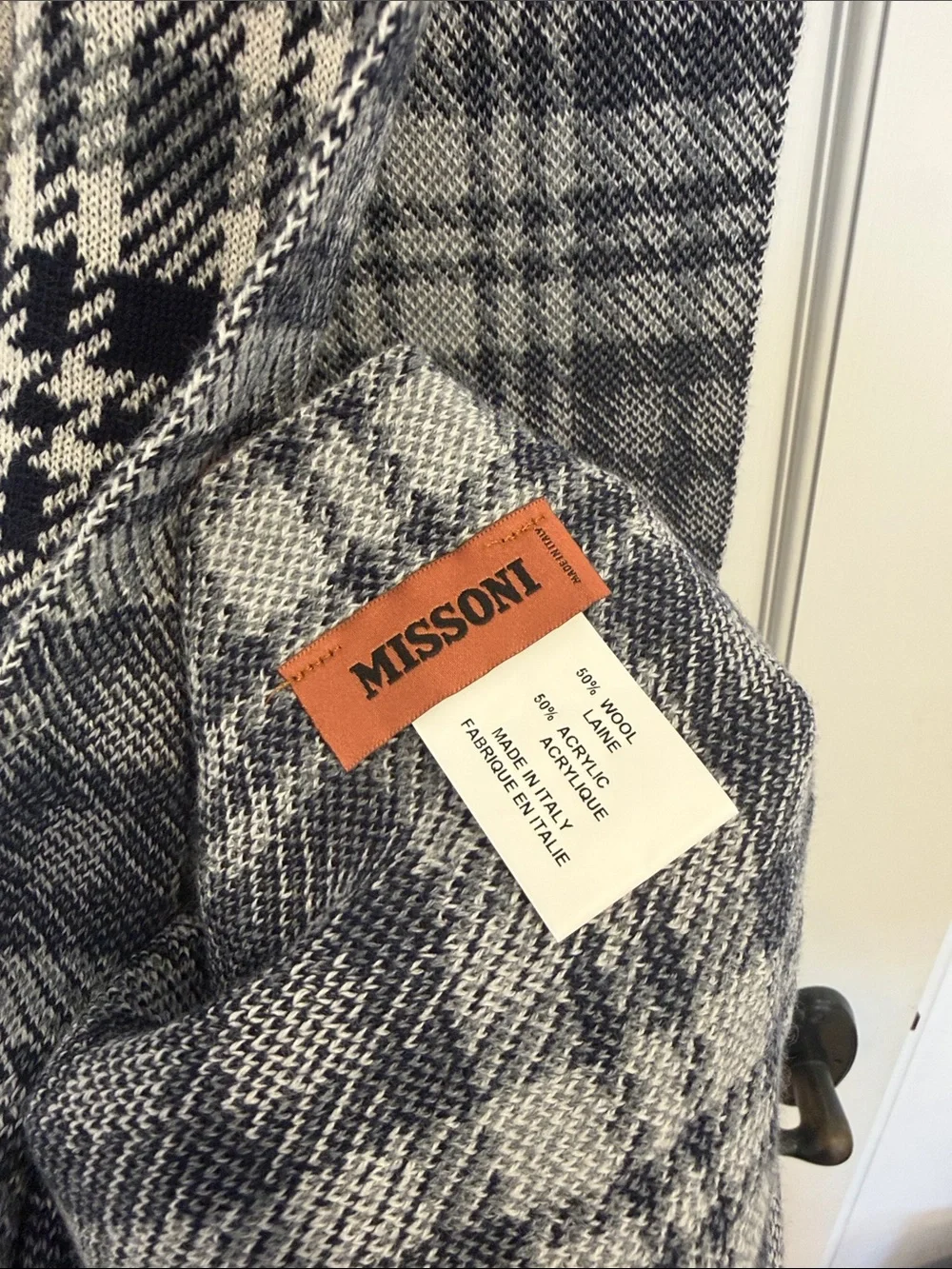Missoni Navy, Gray and White Wool Blend Knit Scarf. Unisex